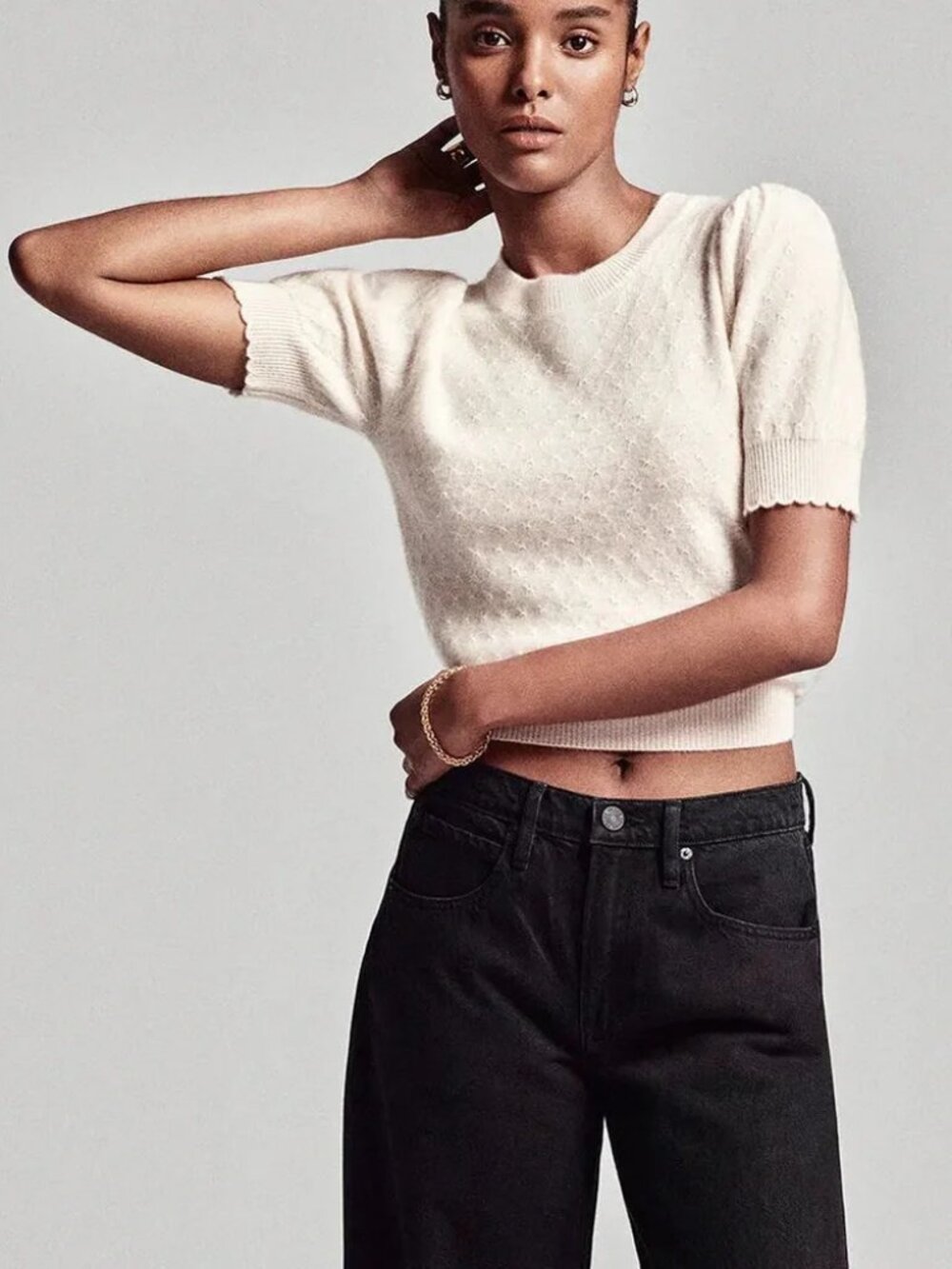 NWT Frame Cream (Item-317) Cashmere Short Puff Sleeve Pointelle Sweater XS